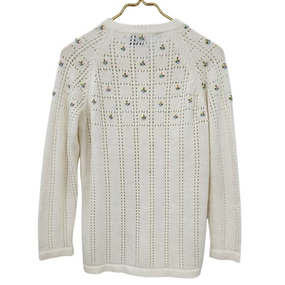 Vintage Dainty Elegant Open Knit White Floral Detail Cardigan Sweater Size Large - Picture 2 of 7